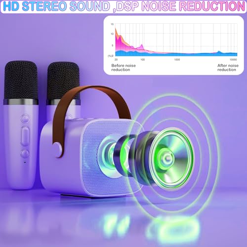 Portable Bluetooth Karaoke Speaker with 2 Wireless Microphones & LED Lights for Kids Birthday Parties - color: K1-2MIC-PURPLE