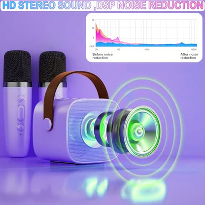Portable Bluetooth Karaoke Speaker with 2 Wireless Microphones & LED Lights for Kids Birthday Parties - color: K1-2MIC-PURPLE