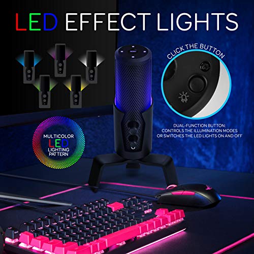 USB Microphone Selectable Pickup Pattern-4 in 1 Polar Pattern Selector Audio Cardioid Condenser Mic w/LED Effect Lights, Podcast Recording Kit for Gaming Streaming Podcasting Studio-Pyle PDMIUSBMT300