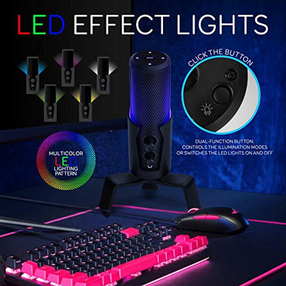 USB Microphone Selectable Pickup Pattern-4 in 1 Polar Pattern Selector Audio Cardioid Condenser Mic w/LED Effect Lights, Podcast Recording Kit for Gaming Streaming Podcasting Studio-Pyle PDMIUSBMT300