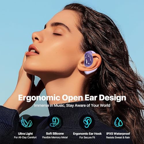 Open Ear Earbuds Ultra Comfort Wireless Bluetooth 5.4 Headphones Over The Ear Earbuds with Intelligent Touch Screen EarHooks IPX7 Waterproof Bone Conduction Earphones for Fitness Sports-Purple - color: PURPLE