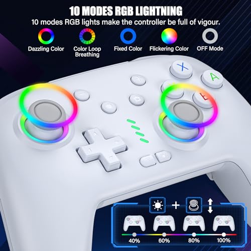 HUDOBBYE Switch Pro Controller Wireless for Switch/OLED/Lite Accessories, Wireless iOS Android Remote Gamepad, Wired PC Game Joystick, Switch Turbo Controller with 10 Cool Led Light,Programmable - color: LED White