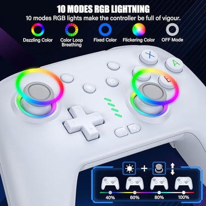 HUDOBBYE Switch Pro Controller Wireless for Switch/OLED/Lite Accessories, Wireless iOS Android Remote Gamepad, Wired PC Game Joystick, Switch Turbo Controller with 10 Cool Led Light,Programmable - color: LED White