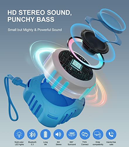comiso Shower Bluetooth Speaker, IPX7 Waterproof Speaker with LED Light | Portable Speaker with Punchy Bass and Loud HD Sound, Floating, Lanyard, 2000mAh for Travel, Beach, Kayak, Gift for Men, Women - color: Sky Blue
