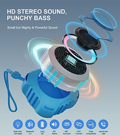 comiso Shower Bluetooth Speaker, IPX7 Waterproof Speaker with LED Light | Portable Speaker with Punchy Bass and Loud HD Sound, Floating, Lanyard, 2000mAh for Travel, Beach, Kayak, Gift for Men, Women - color: Sky Blue