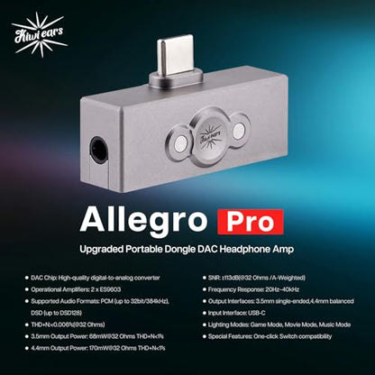 Linsoul Kiwi Ears Allegro Pro Earphone DAC AMP, USB C to 3.5/4.4mm Output | Portable IEM Dongle, Supports PCM Up to 32bit/384kHz DSD128/DSD64, Dual ES9603 Amplifiers for Smartphones/PC/Laptops