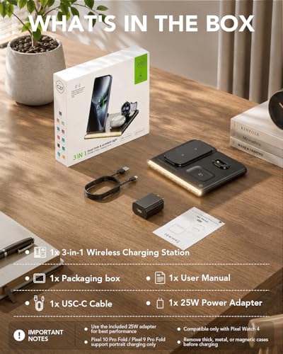 3 in 1 Wireless Charging Station with Night Light for Google Pixel Watch 4 | Google Wireless Charger for Pixel 10, Night Light Charging Dock, Travel Pixel Phone Charger Stand(Only for Google Watch 4) - color: Black
