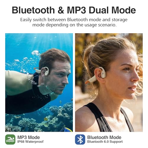Diving & Swimming Bone Conduction Headphones – IP68 Waterproof, Open-Ear, Built-in MP3 & Bluetooth 6.0, Magnetic Charging, TUV Certified 10m Diving, 15H Playback – Orange - color: Orange