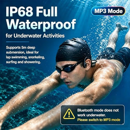 Full-Coverage Liquid Silicone Swimming Headphones,IP68 Waterproof Underwater Headphones, Bluetooth 6.0&MP3 with 32GB Memory Card,Soft/Skin-Comfortable Open Ear Bone Conduction Swim Earbuds(Black - color: Black
