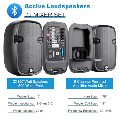 NBVOICE NBVPPS210DSP 10" 600W Professional Powered PA System with 99DSP Tech, 48V Phantom Power,8-Channel Mixer & Bluetooth 5.3,Tripods Included for DJ/Outdoor Events