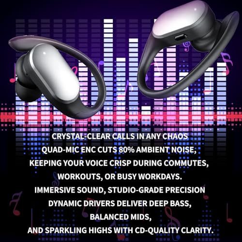 Wireless Earbuds with Earhooks in-Ear Earbuds Bluetooth 5.4 with ENC Noise Cancelling 75Hr Playback IPX7, 2025 Workout Bluetooth Earphones, HiFi Deep Bass Clear Highs Wireless Headphones