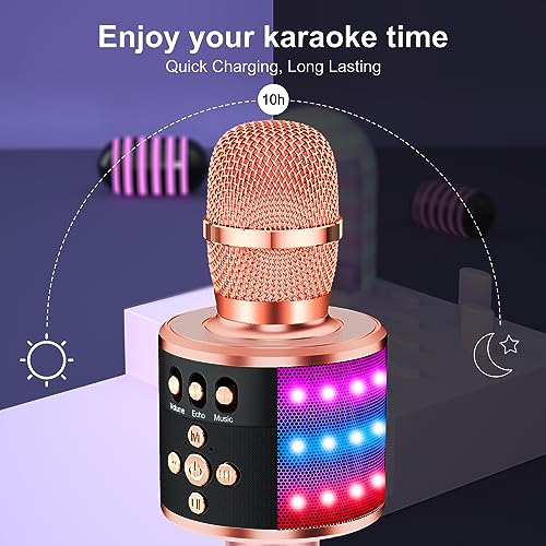 BONAOK Rose Gold Karaoke Microphone for Kids & Adults, Bluetooth Singing Mic with Disco Lights & Echo Effect, Built-in Battery Non-Detachable, Portable Karaoke Speaker Player for Party, Travel & Gifts - color: Rose Gold