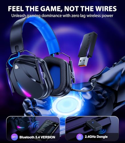 Vakedy HW12 Wireless Gaming Headset for PC, PS5, PS4, Switch, Mac, 2.4GHz Bluetooth Over Ear The Headphones with Noise Cancelling Mic, Stereo Sound, LED Light, 50H Battery Headsets for Gamers