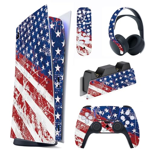 PlayVital Full Set Skin Decal for ps5 Console Digital Edition, Sticker Vinyl Decal Cover for ps5 Controller & Charging Station & Headset & Media Remote - Impression US Flag - color: Impression US Flag