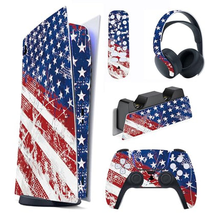 PlayVital Full Set Skin Decal for ps5 Console Digital Edition, Sticker Vinyl Decal Cover for ps5 Controller & Charging Station & Headset & Media Remote - Impression US Flag - color: Impression US Flag