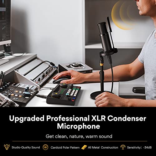 MAONO AME2A Podcast Equipment Bundle, Audio Interface and XLR Condenser Mic | 48V phantom power, Bluetooth, 11 custom sound pads, podcast recording, YouTube/TikTok live streaming, PC and home creators