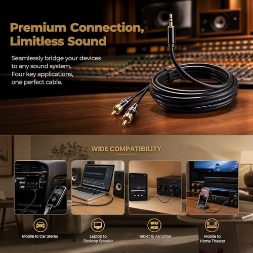 3.5mm to RCA Cable 10FT — OFC Gold-Plated 1/8 Inch Stereo Aux Y Splitter Cord for iPhone iPad Android Laptop to Car Stereo Home Theater Amplifier Receiver Speaker