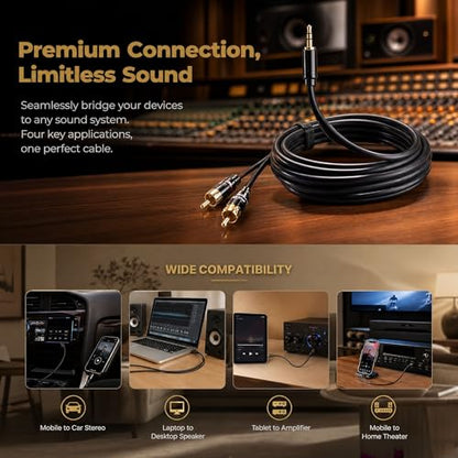 3.5mm to RCA Cable 10FT — OFC Gold-Plated 1/8 Inch Stereo Aux Y Splitter Cord for iPhone iPad Android Laptop to Car Stereo Home Theater Amplifier Receiver Speaker