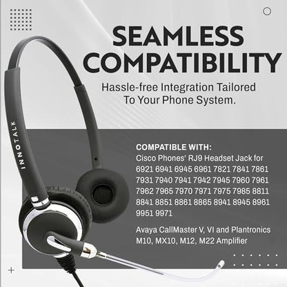 INNOTALK - Headset for Cisco Phone, Pro Voice Tube Mic Wired Headset with QD Sturdy 9 Ft. Cord Pigtail Adapter, Wired Headphones, Cost Effective Corded Headset - size: VoiceTube-Binaural
