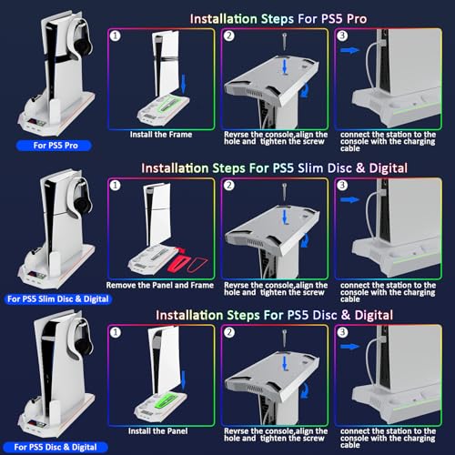 PS5 Stand and Cooling Station with LED Controller Charging Station for PlayStation 5/Slim/Pro Console,Accessories Incl.Controller Charger,PS5 Cooling Fan,Headset Holder,3 USB Hubs - color: RGB-White