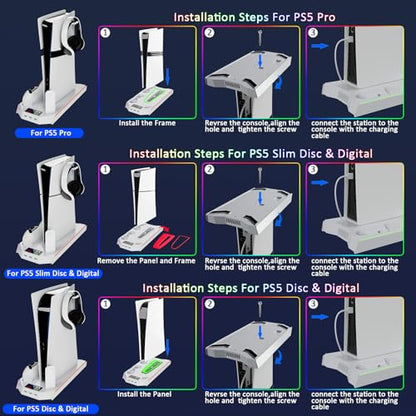 PS5 Stand and Cooling Station with LED Controller Charging Station for PlayStation 5/Slim/Pro Console,Accessories Incl.Controller Charger,PS5 Cooling Fan,Headset Holder,3 USB Hubs - color: RGB-White