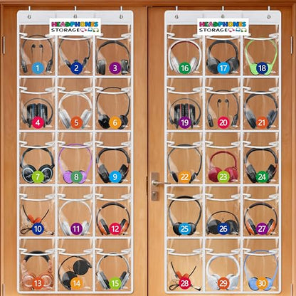2 Pack Classroom Headphone Storage Organizer with 30 Pockets, PVC Clear Classroom Pocket Chart for Headphone Cell Phone Over-the-Door Hanging Headphone Holder Bag with 62 Labels(White) - size: 2 Pack
