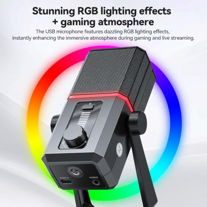 ELUTENG USB Gaming Microphone RGB Lighting Noise Cancelling | PC Streaming, 5ft USB to USB-C Cable, Desktop Mic, Podcasting, Singing, Recording, Meeting
