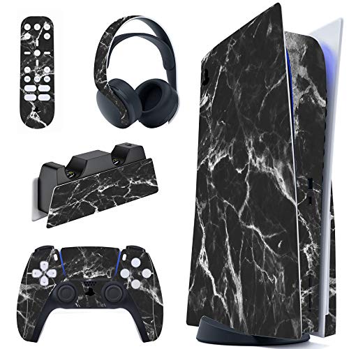 PlayVital Black White Marble Effect Full Set Skin Decal for ps5 Console Disc Edition, Sticker Vinyl Decal for ps5 Controller & Charging Station & Headset & Media Remote - color: Black White Marble