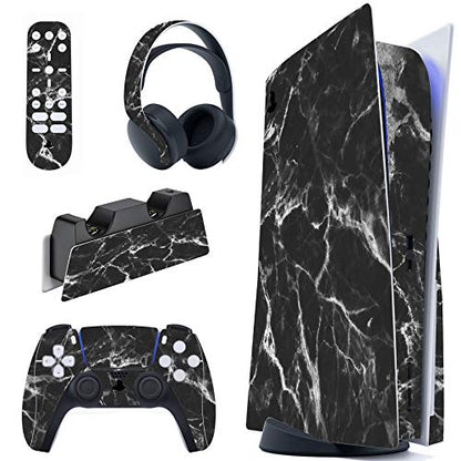 PlayVital Black White Marble Effect Full Set Skin Decal for ps5 Console Disc Edition, Sticker Vinyl Decal for ps5 Controller & Charging Station & Headset & Media Remote - color: Black White Marble