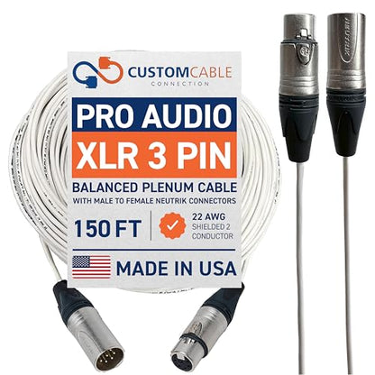 Custom Cable Connection 150 Foot Plenum XLR Male to Female Plenum Balanced Pro Audio Cable, White - color: White, size: 150 Foot