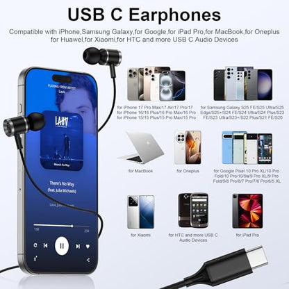 Samsung Earbuds Wired Headphones USB C for Samsung Galaxy S26 Ultra A37 A57 S25 Ultra S25FE A36 A17 A16 A56 S24 S23,Wired Earphones USBC Earbuds with Microphone for iPhone 17 Pro Max Air 16e 16Plus 15 - color: Black