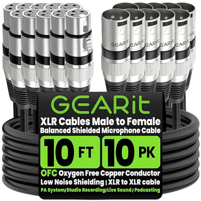 GEARit 22AWG OFC XLR Cables 10 FT 10-Pack Male to Female for Live Bands - color: Black, size: 10 Feet, style: 10 Pack