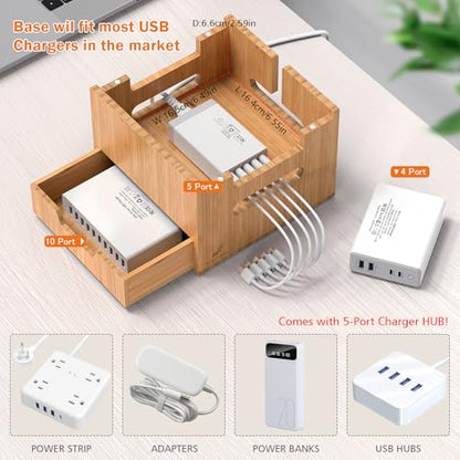 Pezin & Hulin Multi Device Charging Station with Drawer & USB Charger | All in One Dock Organizer with Large Storage, Bamboo Rack for Phones, Tablets, Watch, Earbuds (Charger & 5 Cables Included) - color: #2 (With Charger)