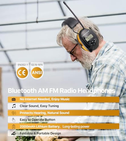 AM FM Radio Hearing Protection Earmuff, Bluetooth 5.4, 30SNR | Rechargeable Hearing Protectors with Gel Earpads, Headphones for Lawn Mowing, Construction, Chainsaw, Landscaping - color: Am/Fm+ Bluetooth-yellow