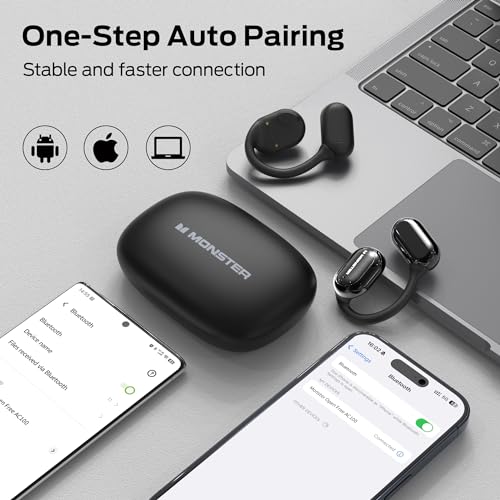 Monster Open Free AC100 Open Ear Headphones, Bluetooth 5.3 Wireless Headphones, Immersive Stereo Sound by Dual Large Driver, Clear Talk, 30H Playtime, Waterproof Earbuds for Running, Black