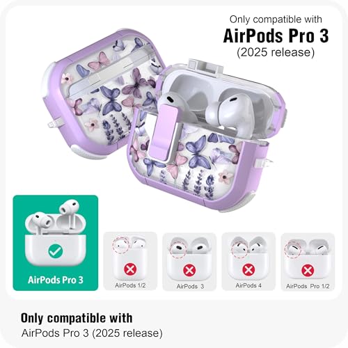 WENEW for AirPods Pro 3 Case (2025) Cover Secure Lock Automatic Snap Switch Clip Cleaner Kit Lanyard Women Stylish Flower Hard Shell Full Body Front LED Visible (Purple Butterfly, AirPods Pro 3) - color: Purple Butterfly, size: AirPods Pro 3