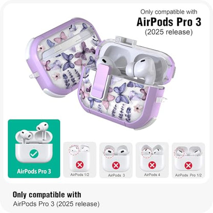 WENEW for AirPods Pro 3 Case (2025) Cover Secure Lock Automatic Snap Switch Clip Cleaner Kit Lanyard Women Stylish Flower Hard Shell Full Body Front LED Visible (Purple Butterfly, AirPods Pro 3) - color: Purple Butterfly, size: AirPods Pro 3