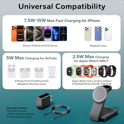 Eazpower 3 in 1 Foldable Wireless Charging Station for MagSafe, Nightstand Magnetic Charger Stand for iPhone 17 16 15 14 Pro Max, Travel Charging Dock with Night Light for Apple Watch/AirPods (Black) - color: Black