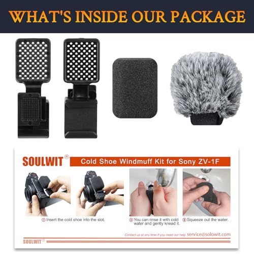 SOULWIT 2Pcs Windscreen Wind Muff for Sony ZV-1F/ZV-E10/ZV-1/ZV-E1/ZV-1 II Vlog Cameras, Cold Shoe Adapter with Furry Windshield + Mic Cover - Black