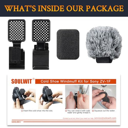 SOULWIT 2Pcs Windscreen Wind Muff for Sony ZV-1F/ZV-E10/ZV-1/ZV-E1/ZV-1 II Vlog Cameras, Cold Shoe Adapter with Furry Windshield + Mic Cover - Black
