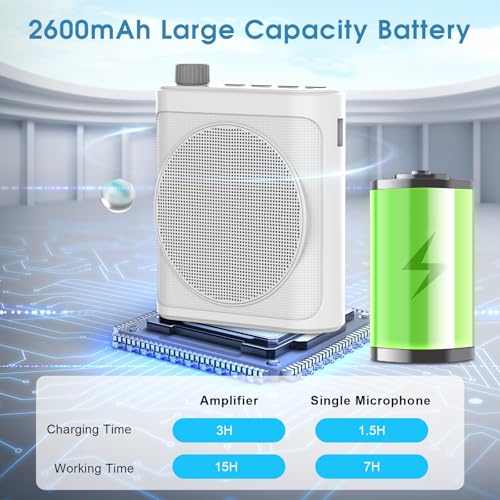 15W Wireless Voice Amplifier for Teachers, Dual Magnetic Lavalier Mics with Noise Reduction, Portable Bluetooth 5.3 PA System for Tour Guide Yoga, 15H Battery Waist-Mount Speaker, 98FT Range (White) - color: White