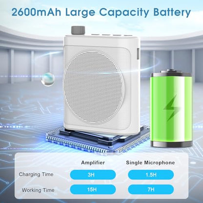 15W Wireless Voice Amplifier for Teachers, Dual Magnetic Lavalier Mics with Noise Reduction, Portable Bluetooth 5.3 PA System for Tour Guide Yoga, 15H Battery Waist-Mount Speaker, 98FT Range (White) - color: White