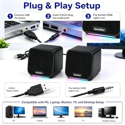 Computer Speakers USB-A Powered Wired Stereo Desktop Speakers with 3.5mm Aux Plug No Bluetooth for PC Laptop 2026, Brown - color: Brown