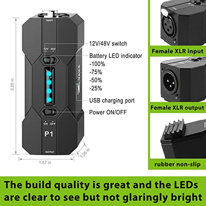 Xvive P1 Phantom Power Supply 48V/12V Switch,Up to 40 Hours of Use,Rechargeable Portable Phantom Power for Condenser/Shotgun Microphones, Mic Preamp, Recording Studios - size: P1 without XLR