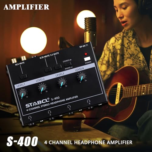 4 Channel Headphone Amplifier, Stereo/Mono Headphone Amp Splitter with 3.5mm,6.35mm,RCA Input. Four 3.5mm and 6.35mm Output. Studio Headphone Amplifier Mixer for Recording