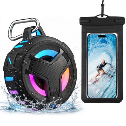 EBODA Bluetooth Shower Speaker with Waterproof Phone Pouch, Gifts for Men | Rugged & Ready for Any Wet Adventure, Stuff for Boat, Travel, Beach, Cruise Essentials, Touch Screen, Lanyard Included - color: Black+Black