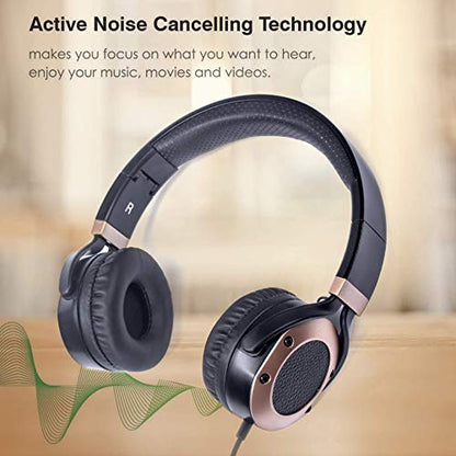 MONODEAL Active Noise Cancelling Headphones with Microphone | with Airplane Adapter, Folding and Lightweight Travel Headsets, Hi-Fi Deep Bass Wired Headphones with Carrying Case