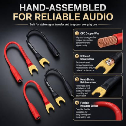 Sam&Johnny Gold Plated 45 Degree Spade Plugs to 4mm Female Banana Jack Speaker Wire for Speakers and Amplifier, Soldered Construction, 4 Pack of 3 Inch, RED/ BLACK - style: Spade, Banana