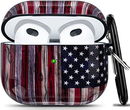 Compatible with Airpods 3rd Generation Case - Wonjury Protective Hard Compatible with Airpods 3 Case Cover Shockproof Women Girls with Keychain, American Flag - color: American Flag