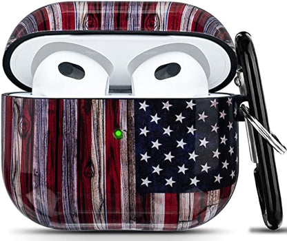 Compatible with Airpods 3rd Generation Case - Wonjury Protective Hard Compatible with Airpods 3 Case Cover Shockproof Women Girls with Keychain, American Flag - color: American Flag